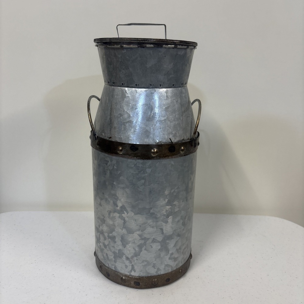 Galvanized Metal Milk Can Jug Farmhouse Centerpiece Rustic Cottage Core 12"x5.5"